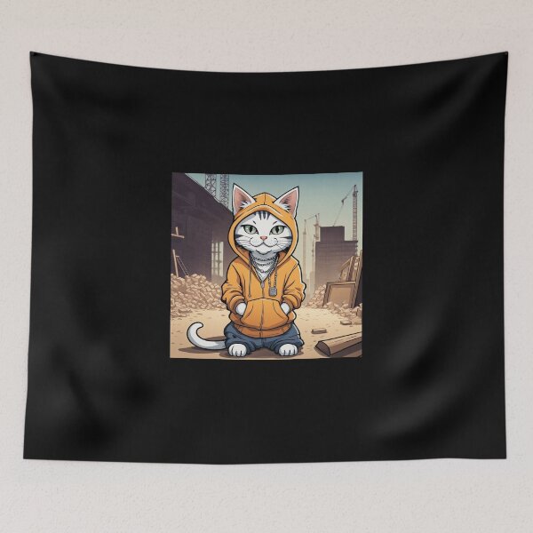 Item preview, gangster, grinning cat with a hoodie on a Construction Site, wearing jewelry designed and sold by tileartwork.