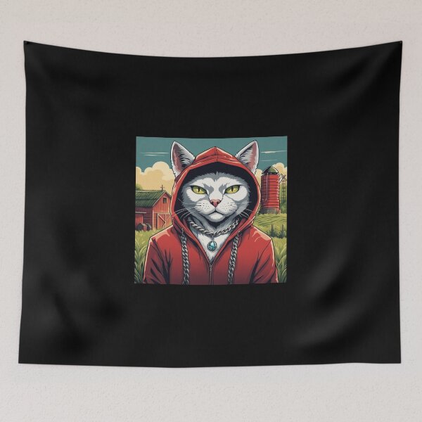 Item preview, gangster, grinning cat with a hoodie on a Farm, wearing jewelry designed and sold by tileartwork.