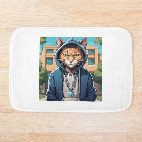 Aperçu de l'œuvre gangster, chat souriant avec un sweat à capuche sur un campus scolaire, portant des bijoux créée et vendue par tileartwork.