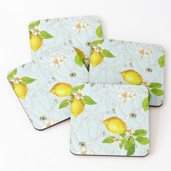 Item preview, Summer Lemons and Bumble Bees with Marine Ropes on Pastel Blue  designed and sold by Hadamundo.