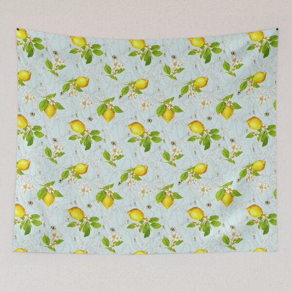 Item preview, Summer Lemons and Bumble Bees with Marine Ropes on Pastel Blue  designed and sold by Hadamundo.