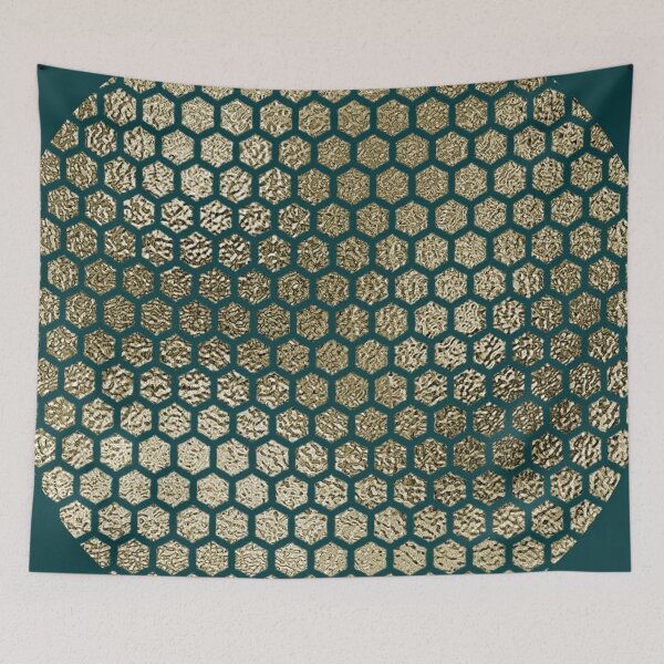 Item preview, Art Deco Honeycomb Gold Circle Illusion on Teal Background designed and sold by ArDecoS.