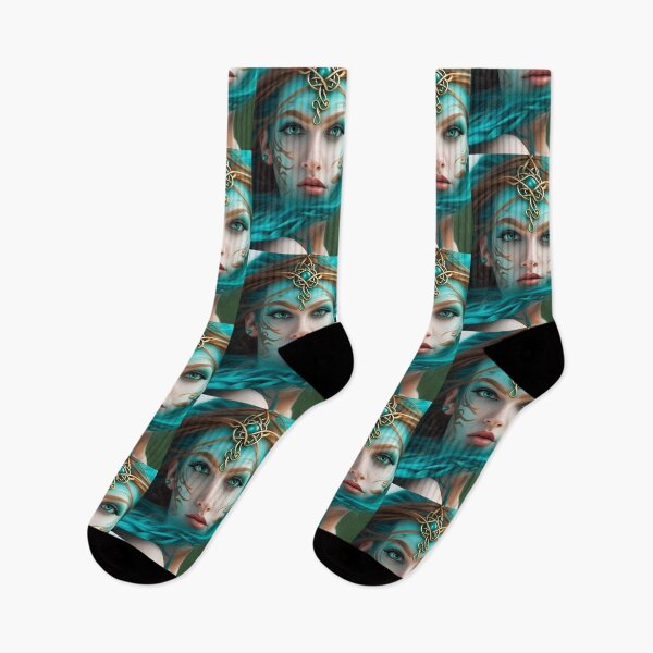 Item preview, face of a fairy woman with turquoise hair in the wind with tiara and Celtic symbolic tattoos designed and sold by Creativesphotos.