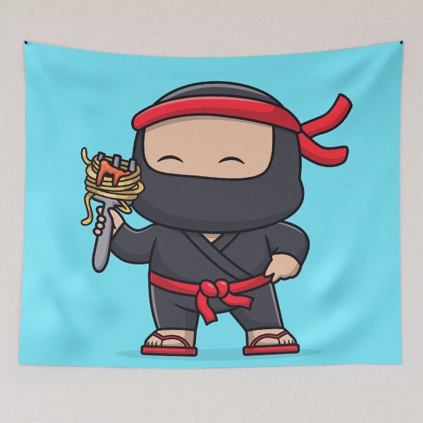 Item preview, Cute Ninja Eating Spaghetti with Fork Cartoon Vector Icon Illustration designed and sold by hjian8219.