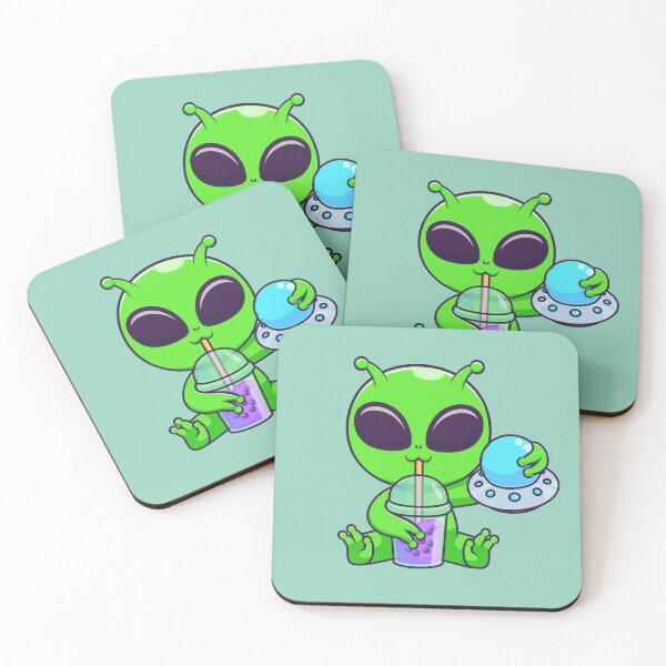 Item preview, Cute Alien Drinking Boba Milk Tea with UFO Cartoon Vector Icon Illustration designed and sold by hjian8219.