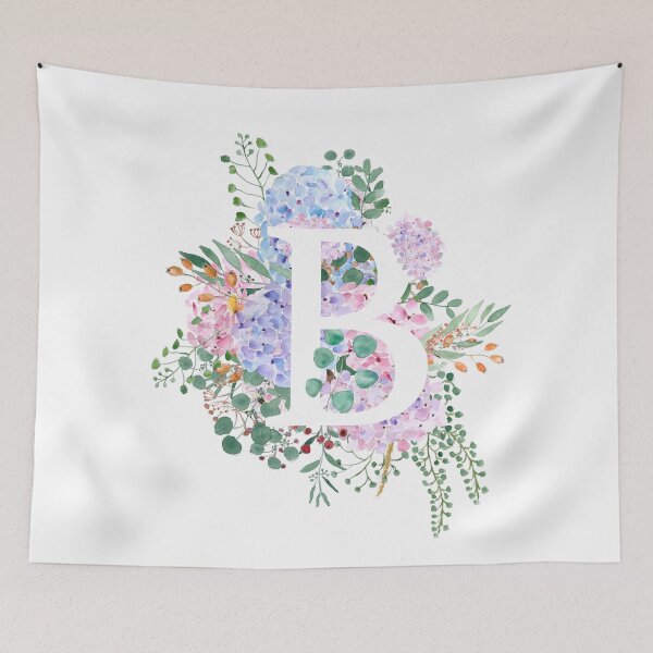 Item preview, botanical monogram alphabet B hydrangea flowers hand painted designed and sold by ColorandColor.