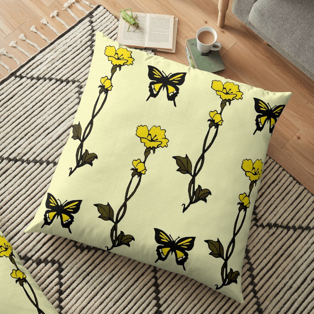 Yellow Butterflies & Flowers - Art Nouveau Floor Pillow