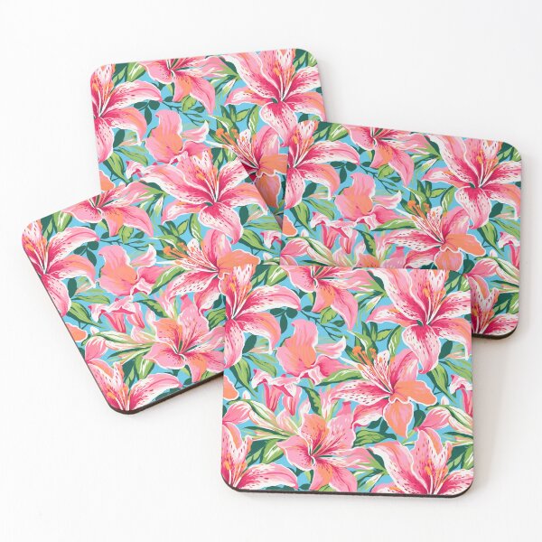 Item preview, Pink Lilies On A Blue Background designed and sold by ReverseBleach.