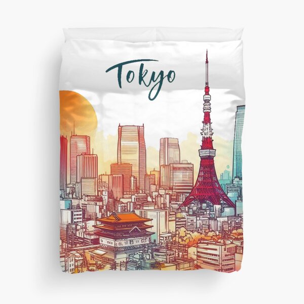 Tokyo Japan Watercolor Illustration Duvet Cover