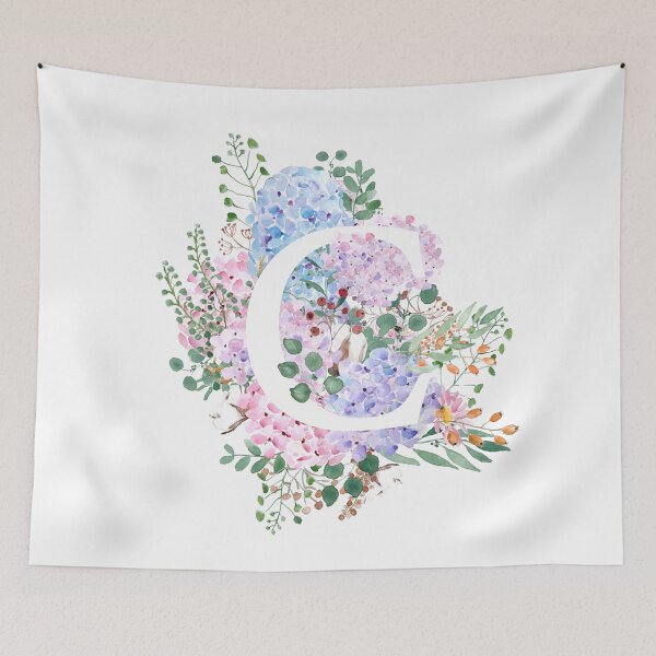 Item preview, botanical monogram alphabet C hydrangea flowers hand painted designed and sold by ColorandColor.