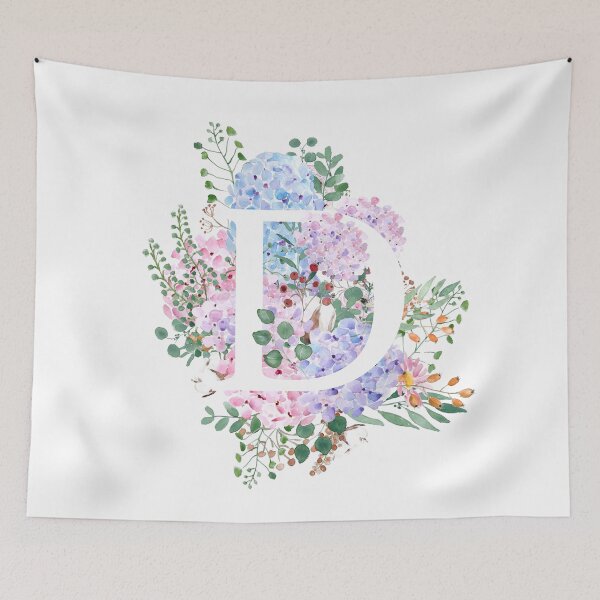 Item preview, botanical monogram alphabet D hydrangea flowers hand painted designed and sold by ColorandColor.
