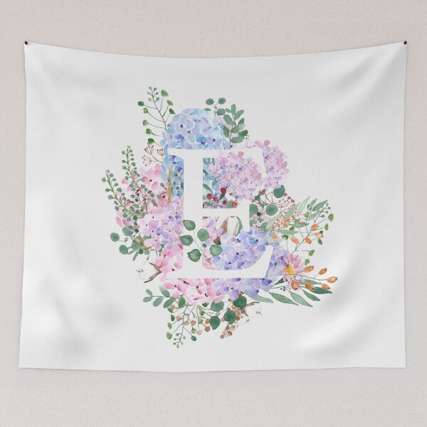 Artikelvorschau, Botanisches Monogramm-Alphabet E, handgemalte Hortensienblüten entworfen und verkauft von ColorandColor.