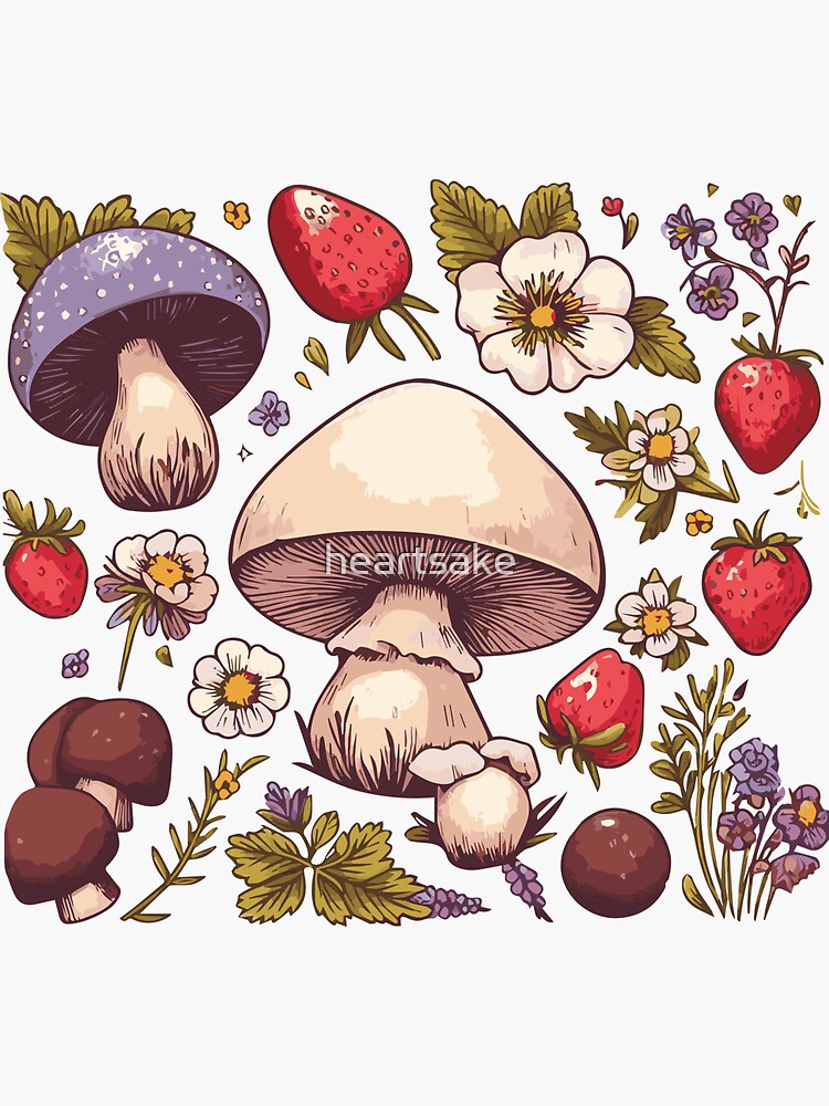 Thumbnail 3 of 3, Sticker, Cottagecore Vintage Mushroom Strawberries and Wild Flowers designed and sold by heartsake.