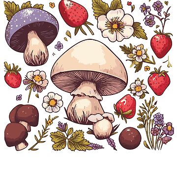 Artwork thumbnail, Cottagecore Vintage Mushroom Strawberries and Wild Flowers by heartsake