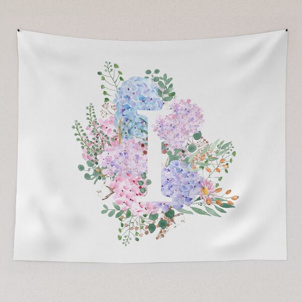 Item preview, botanical monogram alphabet I hydrangea flowers hand painted designed and sold by SelenePaintings .