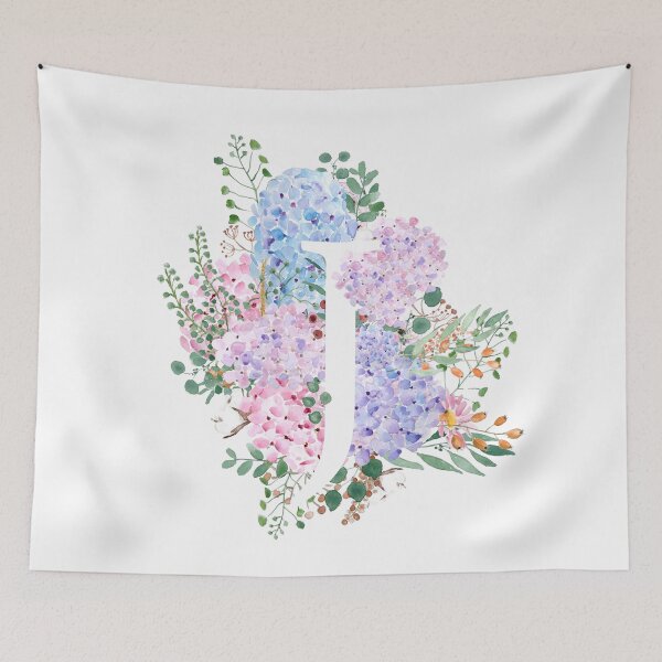 Item preview, botanical monogram alphabet J hydrangea flowers hand painted designed and sold by SelenePaintings .
