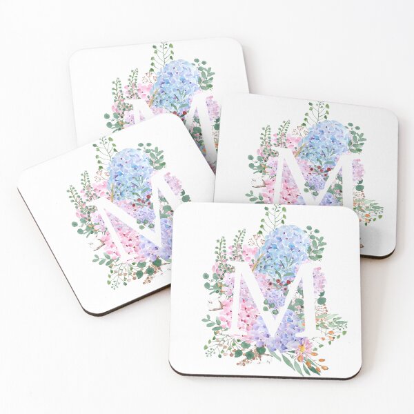 Item preview, botanical monogram alphabet M hydrangea flowers hand painted designed and sold by ColorandColor.