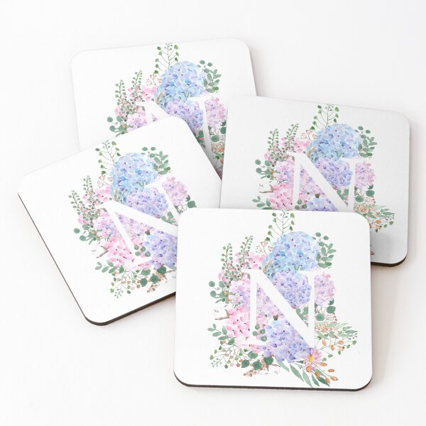 Item preview, botanical monogram alphabet N hydrangea flowers hand painted designed and sold by ColorandColor.