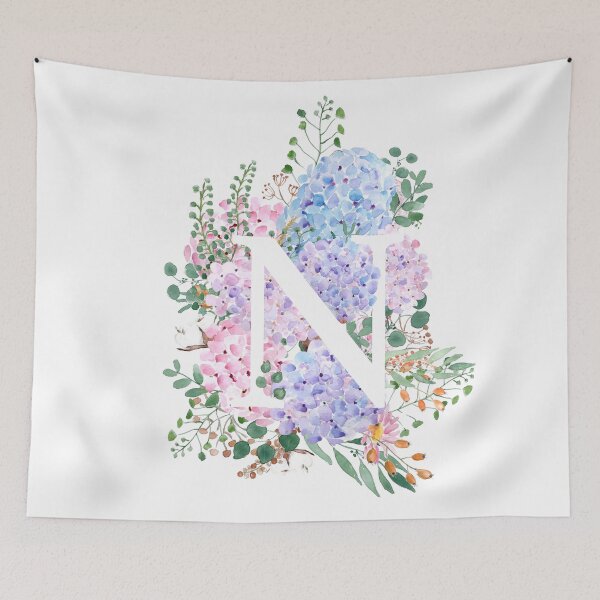 Item preview, botanical monogram alphabet N hydrangea flowers hand painted designed and sold by ColorandColor.