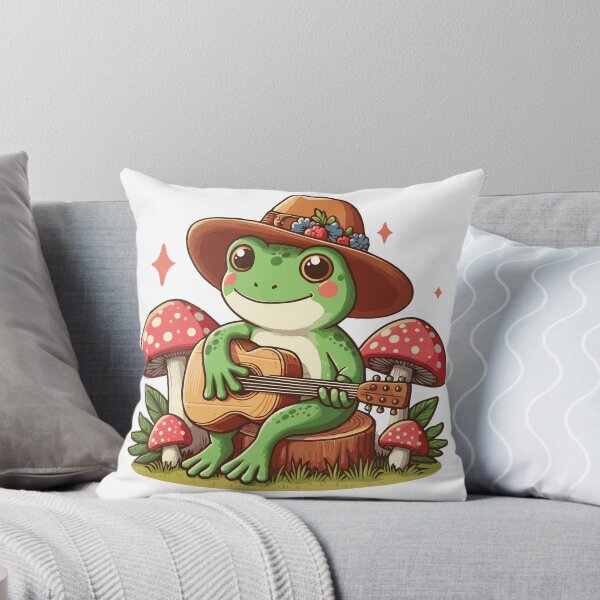 Cottagecore Aesthetics Frog Playing Guitar Throw Pillow