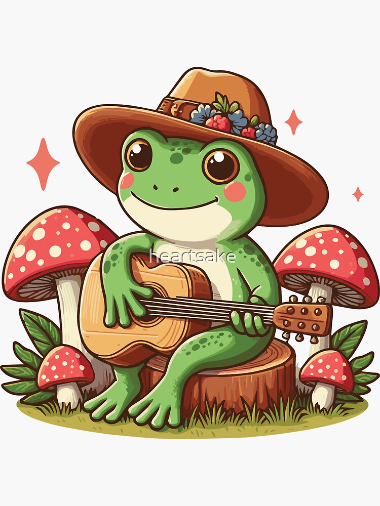 Thumbnail 3 of 3, Sticker, Cottagecore Aesthetics Frog Playing Guitar designed and sold by heartsake.