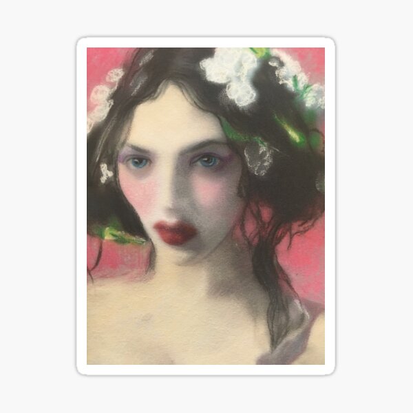 Brunette Floral Rose Fantasy Portrait Art Sticker