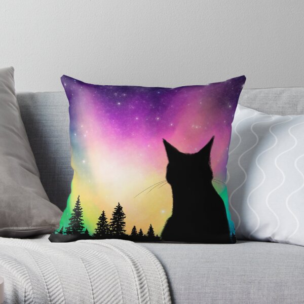 "Aurora" Cat Watching the Night Sky Throw Pillow