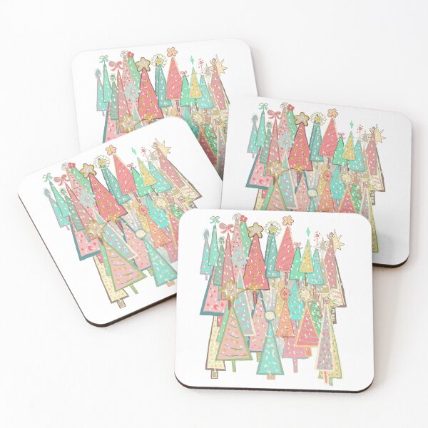 Item preview, Retro Midcentury pink aqua aluminum Christmas trees snowy holiday designed and sold by K Mussack.