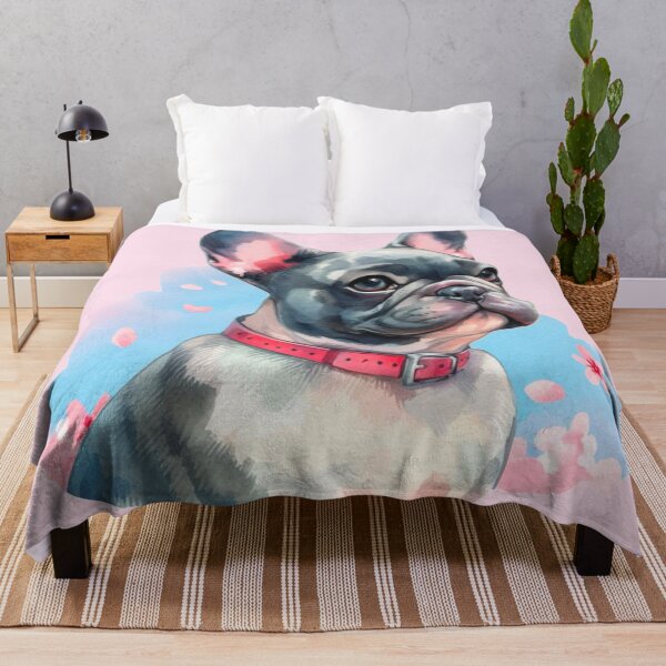 Item preview, Gray and White French Bulldog - Frenchie Watercolor Painting with Pink Cherry Blossom Background designed and sold by Star-Fragment.