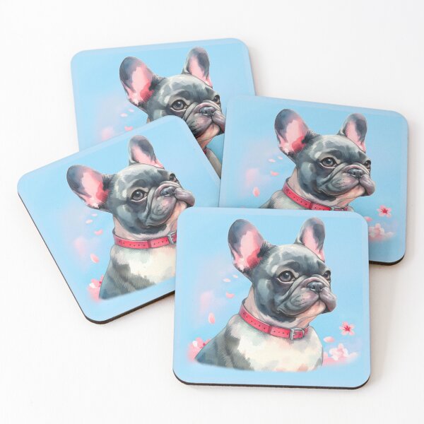 Item preview, Gray and White French Bulldog - Frenchie Watercolor Painting with Blue Cherry Blossom Background designed and sold by Star-Fragment.