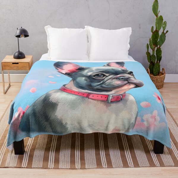 Item preview, Gray and White French Bulldog - Frenchie Watercolor Painting with Blue Cherry Blossom Background designed and sold by Star-Fragment.