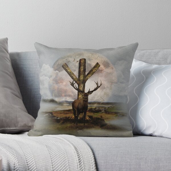 Algiz Rune and Deer Digital Art Collage Throw Pillow