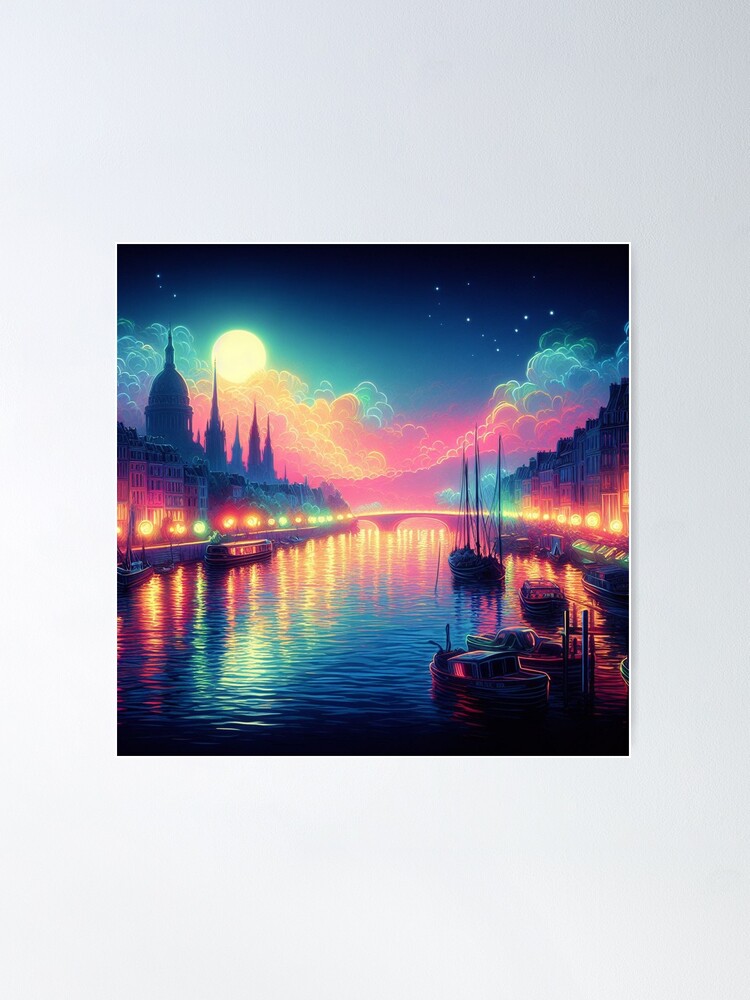 Thumbnail 2 of 3, Poster, Neon Monet Morning on the Seine Fine Art designed and sold by cokemann.