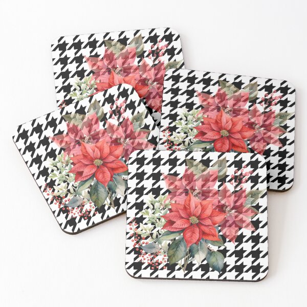 Aperçu de l'œuvre Fleurs de poinsettia aquarelle rouge sur pied-de-poule créée et vendue par AgathaZolastore.