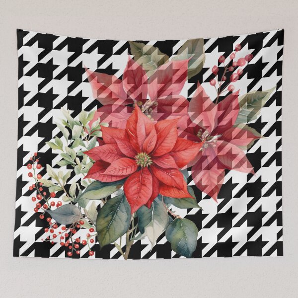Aperçu de l'œuvre Fleurs de poinsettia aquarelle rouge sur pied-de-poule créée et vendue par AgathaZolastore.