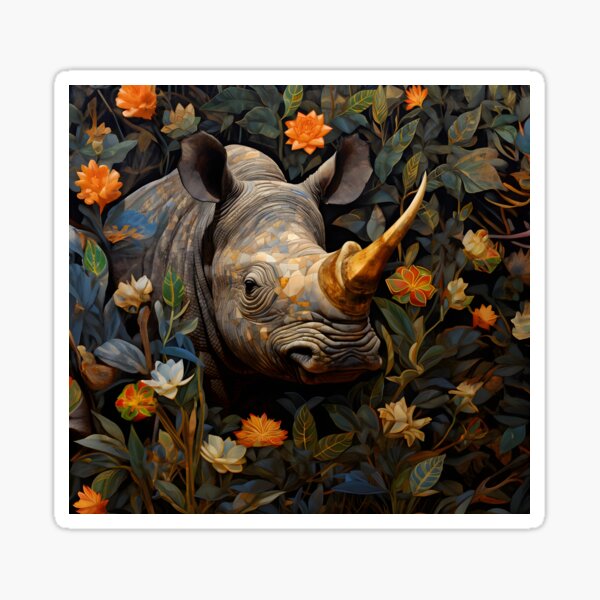 Golden Mosaic Rhino in Bloom Sticker
