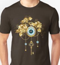 Steampunk Clock with Gold Roses Slim Fit T-Shirt