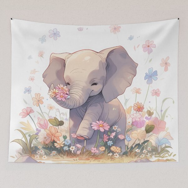 Item preview, cute kawaii baby elephant with flowers designed and sold by WallyPink.