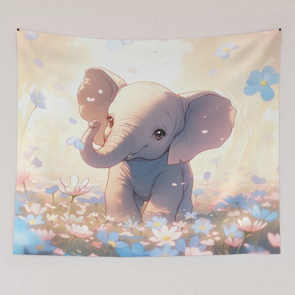 Item preview, little elephant baby with blue flowers cute kawaii anime designed and sold by WallyPink.