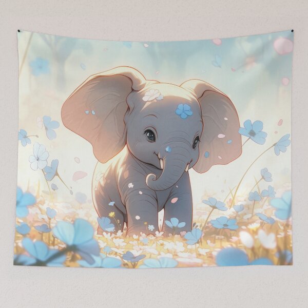 Item preview, little elephant baby with blue flowers cute kawaii anime designed and sold by WallyPink.