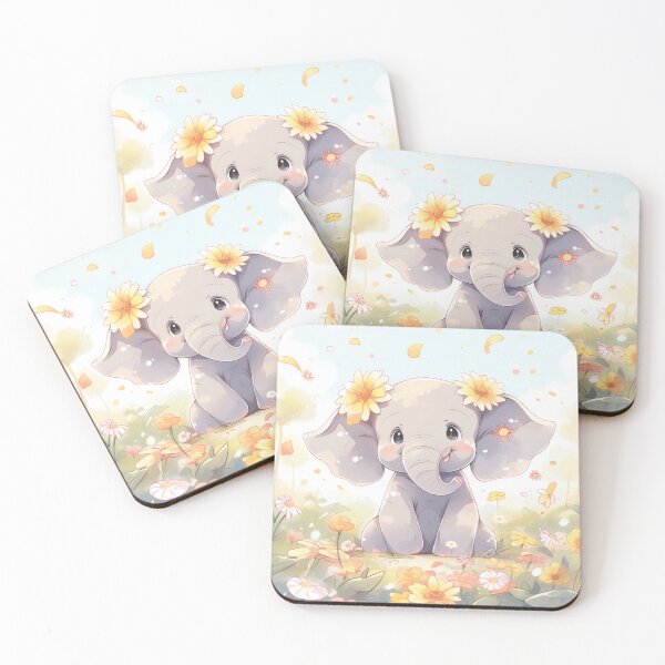 Item preview, cute baby elephant with yellow flowers kawaii anime manga designed and sold by WallyPink.