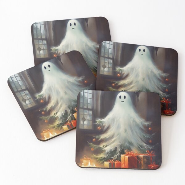 Item preview, a painting of a little Christmas ghost standing in front of a Christmas tree. designed and sold by Mickeymouse2023.