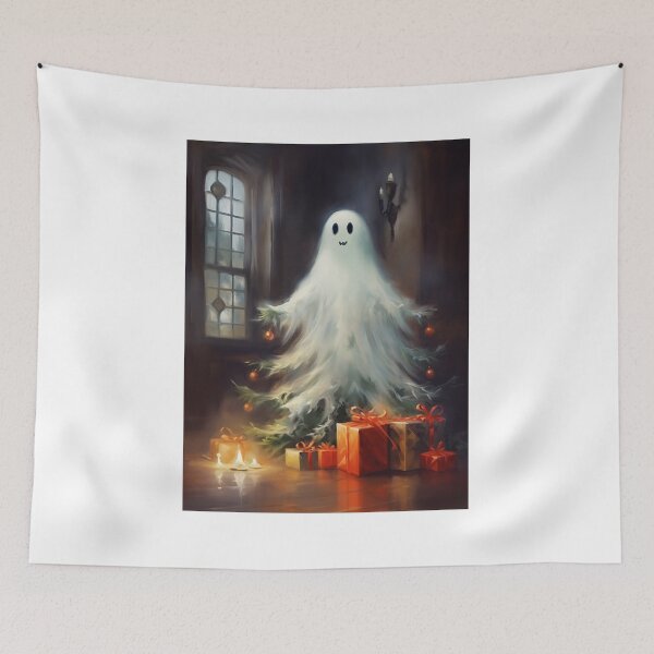 Item preview, a painting of a little Christmas ghost standing in front of a Christmas tree. designed and sold by Mickeymouse2023.