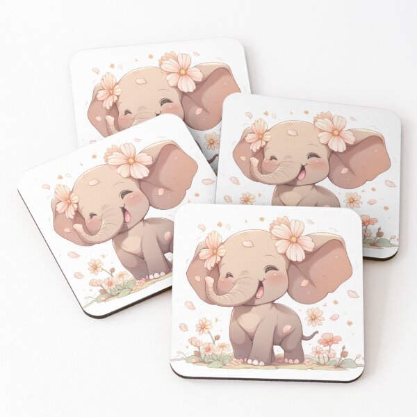 Item preview, cute baby elephant with flowers on its ears, kawaii anime manga designed and sold by WallyPink.