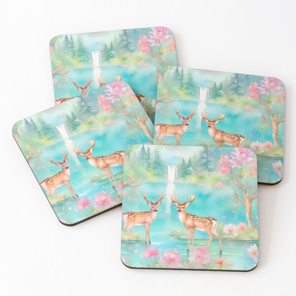Item preview, Deer and a waterfall, watercolor painting designed and sold by SophieClimaArt.