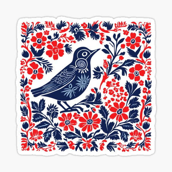 Item preview, Norwegian, Scandinavian Folk Art Pattern with a Bird and Flowers designed and sold by patterncrow.