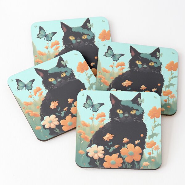 Item preview, black cat flowers and butterflies designed and sold by Catophile.