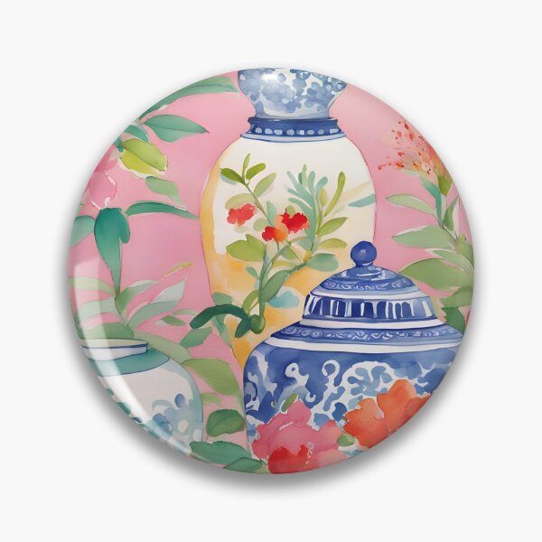 Item preview, Preppy flowers and chinoiserie jars on pink designed and sold by SophieClimaArt.
