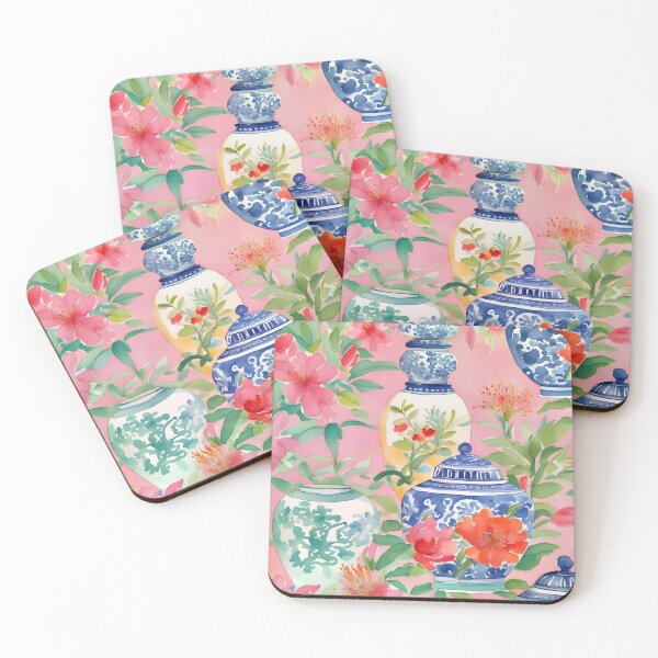 Item preview, Flores preppy y frascos de estilo chinoiserie sobre fondo rosa designed and sold by SophieClimaArt.