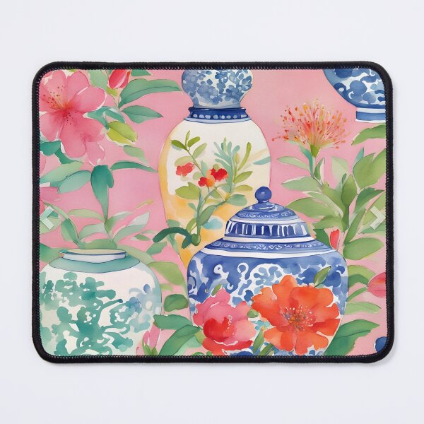 Item preview, Preppy flowers and chinoiserie jars on pink designed and sold by SophieClimaArt.